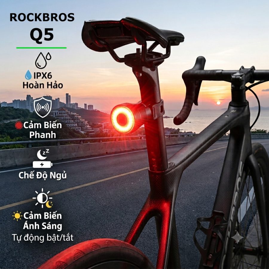 Đèn hậu xe đạp gắn đuôi xe Rockbros Q5 cảm biến thông minh