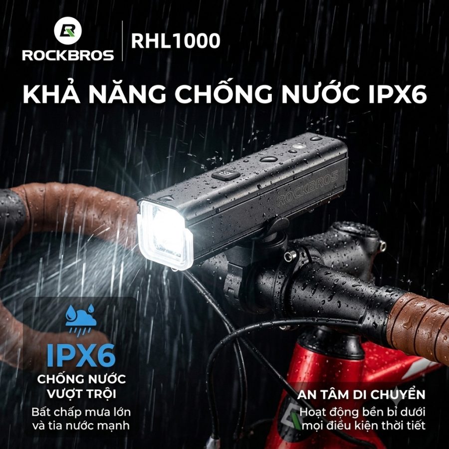 Đèn Trước Xe Đạp Rockbros RHL1000 – 1000 Lumen, Pin 4500mAh, IPX6 đèn trước xe đạp siêu sáng 1000lm, chống nước