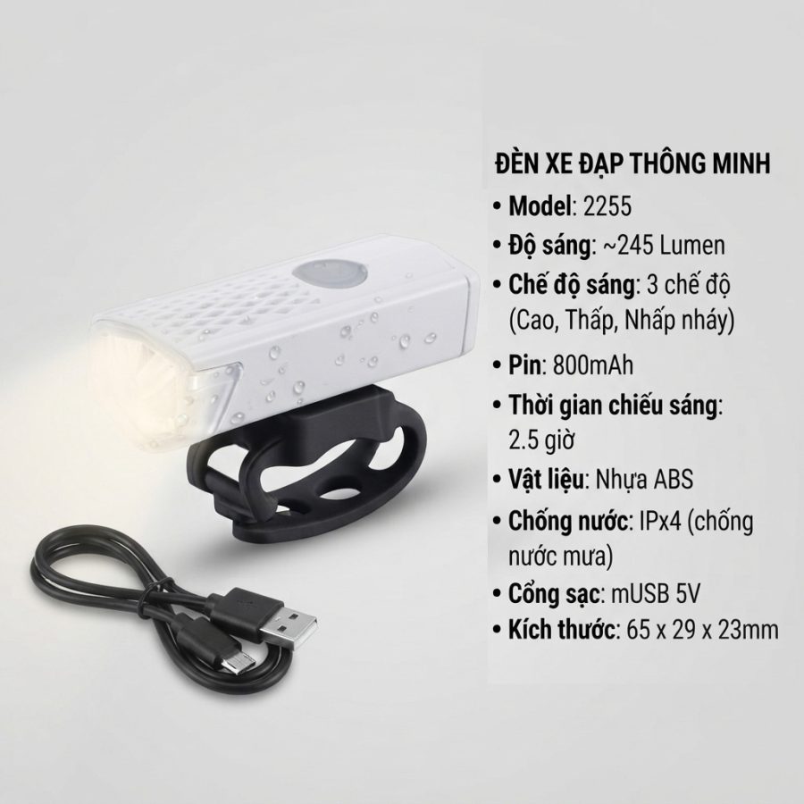 Đèn trước gắn ghi đông xe đạp 2255 | Sạc USB, 245 Lumen, Ipx4 đèn trước xe đạp sạc usb